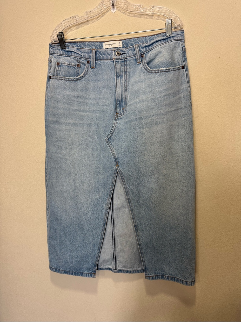 Abercrombie Light Wash Denim Midi Skirt with Front Slit